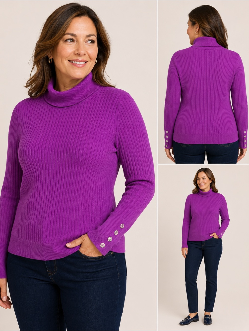 Talbots SZ LP Purple Ribbed Turtleneck Sweater Button Cuff Breathable Comfy